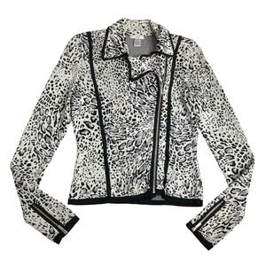 Y2K Cache Animal Print Moto Jacket Womens Small Leopard Stretch Knit Full Zip